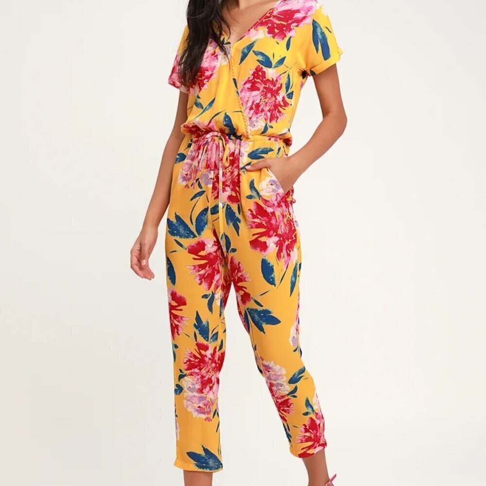 Lulu's Size Small Mustard Yellow Surplice Jumpsuit Floral